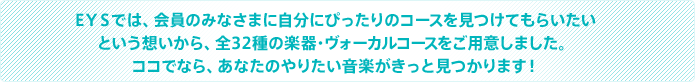 EＹＳでは、会員のみなさまに自分にぴったりのコースを見つけてもらいたいという想いから、全32種の楽器・ボーカルコースをご用意しました。ココでなら、あなたのやりたい音楽がきっと見つかります！
