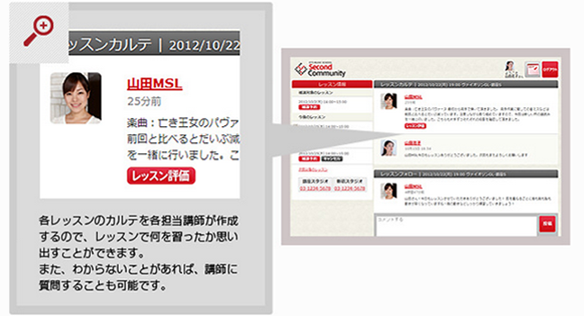 各レッスンのカルテを書く担当講師が作成するので、レッスンで何を習ったか思い出すことができます。また、わからないことがあれば、講師に質問することも可能です。