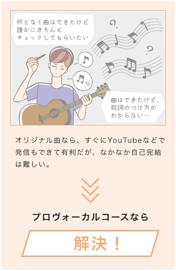 オリジナル曲なら、すぐにYouTubeなどで発信もできて有利だが、なかなか自己完結は難しい。プロボーカルコースなら解決