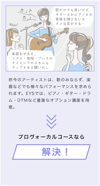昨今のアーティストは、歌のみならず、楽器などでも様々なパフォーマンスを求められます。EYSでは、ピアノ・ギター・ドラム・DTMなど豊富なオプション講座を用意。プロボーカルコースなら解決！