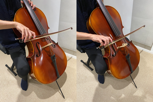 左：チェロの持ち方　／　右：ヴァイオリンの持ち方