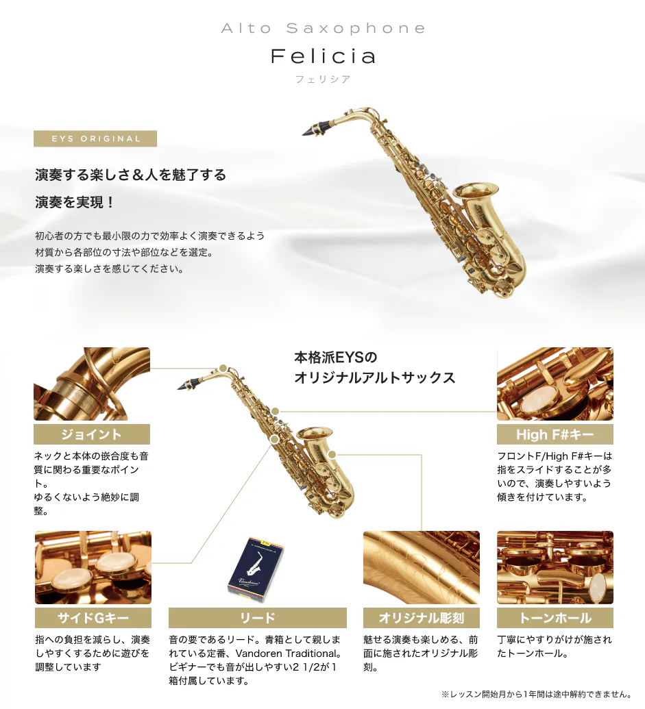 Alto Saxophone Felicia フェリシア EYS ORIGINAL 「演奏する楽しさ＆人を魅了する演奏を実現！初心者の方でも最小限の力で効率よく演奏できるよう材質から各部位の寸法や部位などを選定。演奏する楽しさを感じてください。」「本格派EYSのオリジナルアルトサックス」「ジョイント：ネックと本体の嵌合度も音質に関わる重要なポイント。ゆるくないよう絶妙に調整。」「サイドGキー：指への負担を減らし、演奏しやすくするために遊びを調整しています」「リード：音の要であるリード。青箱として親しまれている定番、Vandoren Traditional。ビギナーでも音が出しやすい2 1/2が１箱付属しています。」「オリジナル彫刻：魅せる演奏も楽しめる、前面に施されたオリジナル彫刻。」「トーンホール：丁寧にやすりがけが施されたトーンホール。」「High F#キー：フロントF/High F#キーは指をスライドすることが多いので、演奏しやすいよう傾きを付けています。」