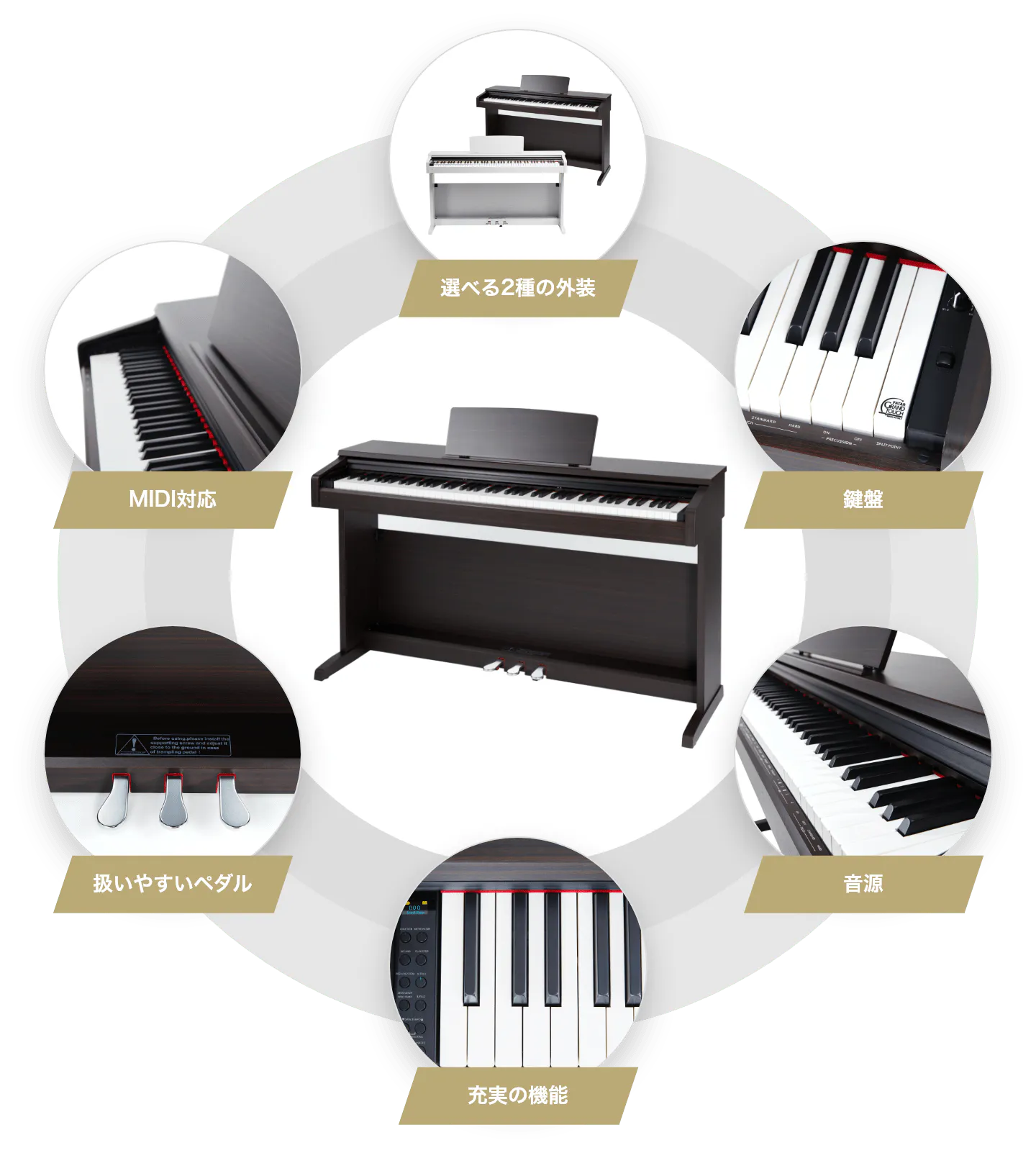 MIDI対応、選べる2種の外装、鍵盤、音源、充実の機能、扱いやすいペダル