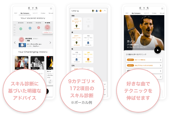 スキル診断に基づいた明確なアドバイス 9カテゴリ×172項目のスキル診断※ボーカル例 好きな曲でテクニックを伸ばせます