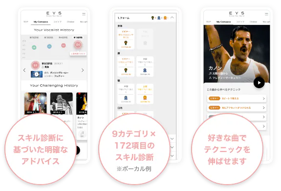 スキル診断に基づいた明確なアドバイス 9カテゴリ×172項目のスキル診断※ボーカル例 好きな曲でテクニックを伸ばせます