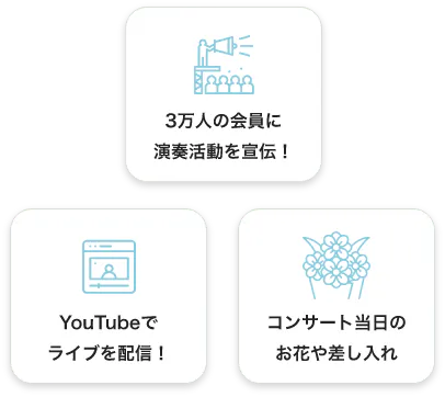 3万人の会員に演奏活動を宣伝! YouTubeでライブを配信 コンサート当日のお花や差し入れ