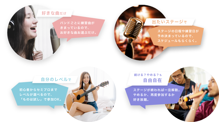 好きな曲だけ バンドごとに練習曲がきまっているので、お好きな曲お選ぶだけ。 出たいステージで ステージの日程や練習日が予め決まっているので、スケジュールもらくらく。 自分のレベルで 初心者からセミプロまでレベルが選べるので、「ものは試し」で参加OK。 続ける?やめる?も自由自在 ステージが終われば一旦解散。やめるか、再度参加するか好き放題。