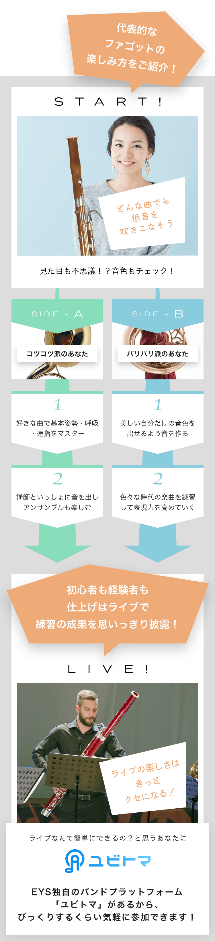 START! どんな曲でも低音を吹きこなそう 見た目も不思議！？音色もチェック！ SIDE-A 1. 好きな曲で基本姿勢・呼吸・運指をマスター 2. 講師といっしょに音を出しアンサンブルも楽しむ SIDE-B 1. 美しい自分だけの音色を出せるよう音を作る 2. 色々な時代の楽曲を練習して表現力を高めていく 初心者も経験者も仕上げはライブで練習の成果を思いっきり披露！LIVE!ライブの楽しさはきっとクセになる！ライブなんて簡単にできるの？と思うあなたにユビトマEYS独自のバンドプラットフォーム「ユビトマ」があるから、びっくりするくらい気軽に参加できます！