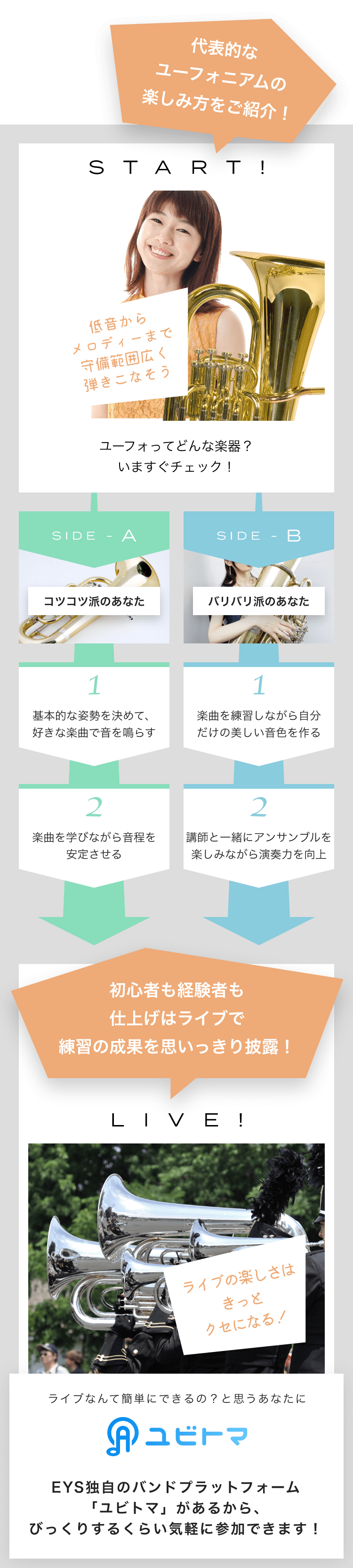 START! 低音からメロディーまで守備範囲広く弾きこなそう ユーフォってどんな楽器？いますぐチェック！ SIDE-A 1. 基本的な姿勢を決めて、好きな楽曲で音を鳴らす 2. 楽曲を学びながら音程を安定させる SIDE-B 1. 楽曲を練習しながら自分だけの美しい音色を作る 2. 講師と一緒にアンサンブルを楽しみながら演奏力を向上 初心者も経験者も仕上げはライブで練習の成果を思いっきり披露！LIVE!ライブの楽しさはきっとクセになる！ライブなんて簡単にできるの？と思うあなたにユビトマEYS独自のバンドプラットフォーム「ユビトマ」があるから、びっくりするくらい気軽に参加できます！