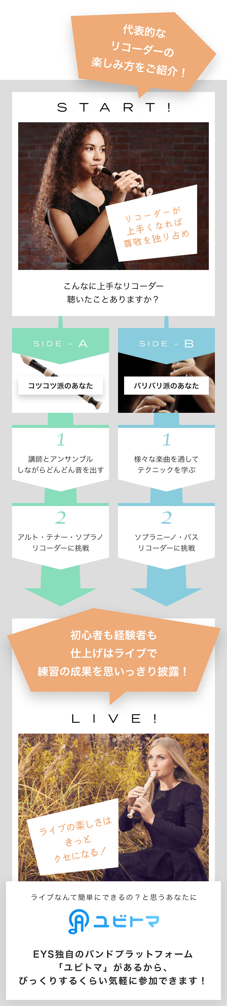 START! リコーダーが上手くなれば尊敬を独り占めこんなに上手なリコーダー聴いたことありますか？ SIDE-A 1. 講師とアンサンブルしながらどんどん音を出す 2. アルト・テナー・ソプラノリコーダーに挑戦 SIDE-B 1. 様々な楽曲を通してテクニックを学ぶ 2. ソプラニーノ・バスリコーダーに挑戦初心者も経験者も仕上げはライブで練習の成果を思いっきり披露！LIVE!ライブの楽しさはきっとクセになる！ライブなんて簡単にできるの？と思うあなたにユビトマEYS独自のバンドプラットフォーム「ユビトマ」があるから、びっくりするくらい気軽に参加できます！