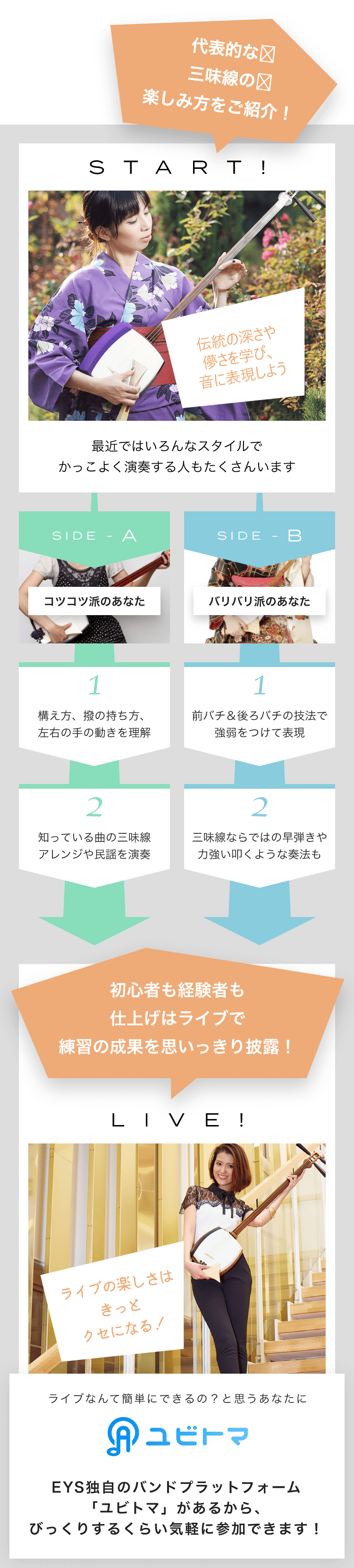 START! 伝統の深さや儚さを学び、音に表現しよう 最近ではいろんなスタイルでかっこよく演奏する人もたくさんいます SIDE-A 1. 構え方、撥の持ち方、左右の手の動きを理解 2. 知っている曲の三味線アレンジや民謡を演奏 SIDE-B 1. 前バチ＆後ろバチの技法で強弱をつけて表現 2. 三味線ならではの早弾きや力強い叩くような奏法も 初心者も経験者も仕上げはライブで練習の成果を思いっきり披露！LIVE!ライブの楽しさはきっとクセになる！ライブなんて簡単にできるの？と思うあなたにユビトマEYS独自のバンドプラットフォーム「ユビトマ」があるから、びっくりするくらい気軽に参加できます！