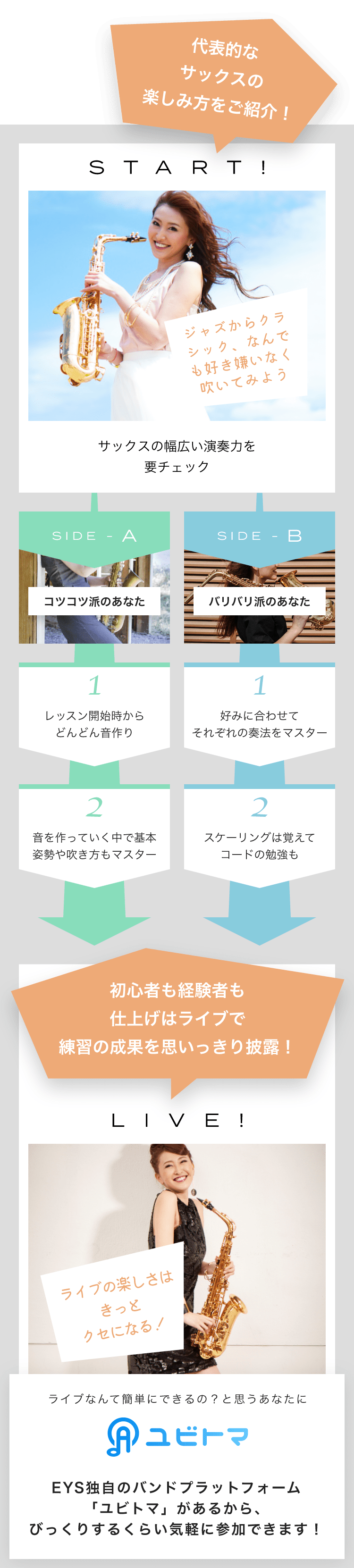 コツコツやる？バリバリやる？どっちも可能　SIDE-A コツコツ派のあなた　1.好きなコード弾きで、好きな曲を歌う！　2.歌の合間に簡単なアドリブプレイに挑戦！ SIDE-B 1.コードだけでなく、ソロプレイにチャレンジ！ 2.コード理論を深めながらいろんな曲に挑戦！  初心者も経験者も仕上げはライブで練習の成果を思いっきり披露！　LIVE! ライブの楽しさはきっとクセになる！  ライブなんて簡単にできるの？と思うあなたに　ユビトマ　EYS独自のバンドプラットフォーム「ユビトマ」があるから、びっくりするくらい気軽に参加できます！