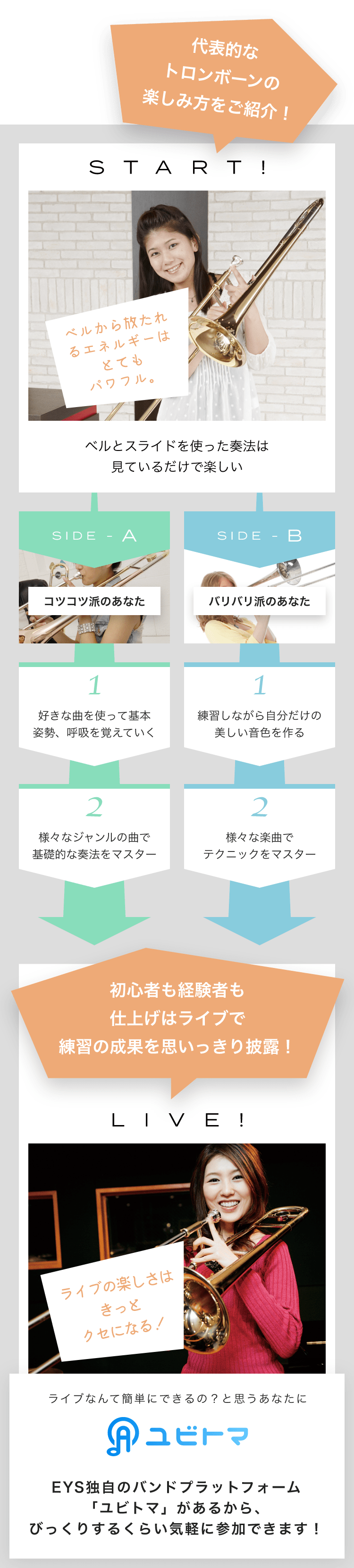 START! ベルから放たれるエネルギーはとてもパワフル。 ベルとスライドを使った奏法は見ているだけで楽しい SIDE-A 1. 好きな曲を使って基本姿勢、呼吸を覚えていく 2. 様々なジャンルの曲で基礎的な奏法をマスター SIDE-B 1. 練習しながら自分だけの美しい音色を作る 2. 様々な楽曲でテクニックをマスター 初心者も経験者も仕上げはライブで練習の成果を思いっきり披露!LIVE!ライブの楽しさはきっとクセになる!ライブなんて簡単にできるの?と思うあなたにユビトマEYS独自のバンドプラットフォーム「ユビトマ」があるから、びっくりするくらい気軽に参加できます!