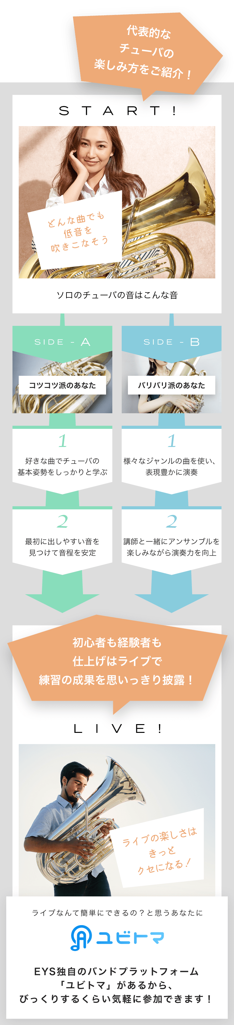 START! どんな曲でも低音を吹きこなそう ソロのチューバの音はこんな音 SIDE-A 1. 好きな曲でチューバの基本姿勢をしっかりと学ぶ 2. 最初に出しやすい音を見つけて音程を安定 SIDE-B 1. 様々なジャンルの曲を使い、表現豊かに演奏 2. 講師と一緒にアンサンブルを楽しみながら演奏力を向上 初心者も経験者も仕上げはライブで練習の成果を思いっきり披露!LIVE!ライブの楽しさはきっとクセになる!ライブなんて簡単にできるの?と思うあなたにユビトマEYS独自のバンドプラットフォーム「ユビトマ」があるから、びっくりするくらい気軽に参加できます!